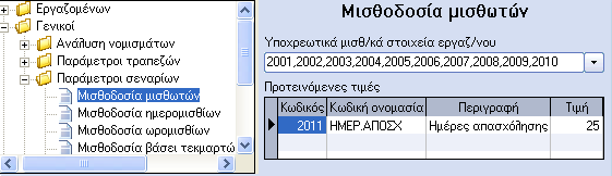 Μπορούµε να ορίσουµε υποχρεωτικά µισθολογικά στοιχεία εργαζοµένων και να δώσουµε σε κάποια από αυτά προτεινόµενες τιµές, σύµφωνα µε το φύλλο υπολογισµού: Παράµετροι/Πίνακες/Γενικοί/Παράµετροι