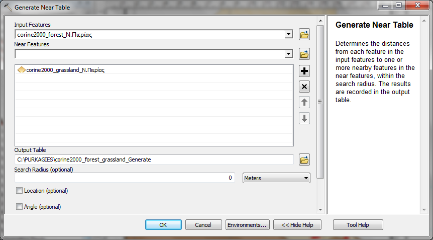 Analysis Tools > Proximity > Generate Near Table. Χο Input Features θαη Near Features εηζάγνληαη αληίζηνηρα νη ηξεηο θαηεγνξίεο πνιπγψλσλ βιάζηεζεο (corine2000_forest_ν.