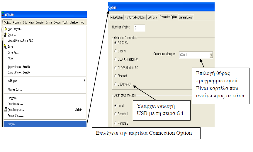 Εικόνα 2.15 συριακή θύρα Για να εξασφαλίσετε ότι έχει επιλεγεί η σωστή θύρα, στο GMWin πηγαίνετε στο option menu που βρίσκεται στην λίστα της καρτέλας project.