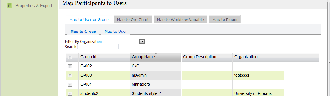 Επιλέγοντας Add/edit Mapping, μπορείτε να διαλέξετε ποιοί χρήστες ή groups θα συσχετιστούν με τον καθένα participant που ορίσατε στη διαδικασία σας. Π.χ. οι χρήστες Μαρία, Κώστας και Νίκος που δημιουργήσατε νωρίτερα θα είναι τύπου teacher.