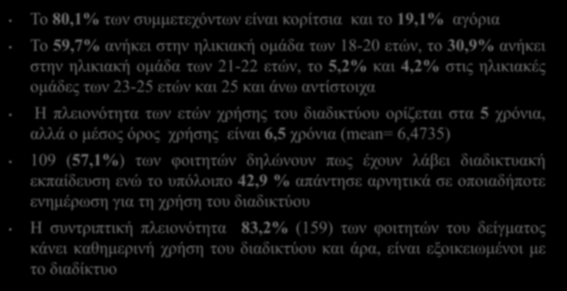 ΑΠΟΤΕΛΕΣΜΑΤΑ Το 80,1% των συμμετεχόντων είναι κορίτσια και το 19,1% αγόρια Το 59,7% ανήκει στην ηλικιακή ομάδα των 18-20 ετών, το 30,9% ανήκει στην ηλικιακή ομάδα των 21-22 ετών, το 5,2% και 4,2%