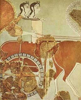 Δύο κυρίες της αυλής πάνω σε άρμα, Τίρυνθα Η ζωγραφική, από την Κρήτη, διαδόθηκε στην κυρίως Ελλάδα από τα ενδιάμεσα νησιά και μέσω του εμπορίου.