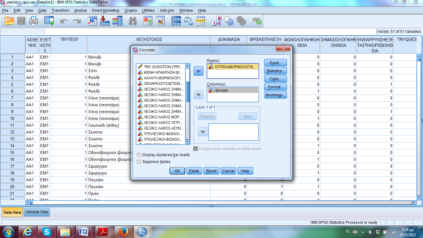 Εικόνα 6.7: Η Εφαρμογή SPSS (2o) Στα πλαίσια [Row(s):] και [Column(s):] βάλαμε τις μεταβλητές που συμμετείχα