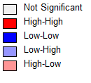 HDIa Γυναικών 1991 (Moran s I = 0,3608) HDIa Γυναικών 2001 (Moran s I = 0,4859) HDIg Γυναικών 1991 (Moran s I = 0,3488) HDIg Γυναικών 2001 (Moran s I = 0,3750) HDIa Ανδρών 1991 (Moran s I = 0,3474)