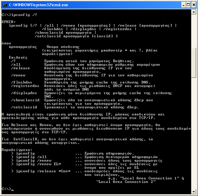 Οι διαθέσιμες επιλογές της εντολής ipconfig Σχήμα