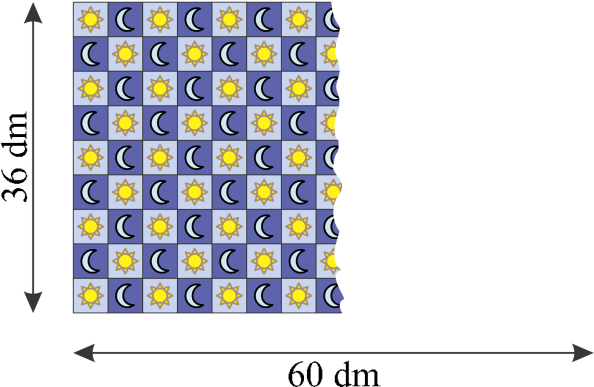 22. Peter bought a carpet 36 dm wide and 60 dm long. The carpet has a pattern of small squares containing either a sun or a moon, as can be seen in the figure.