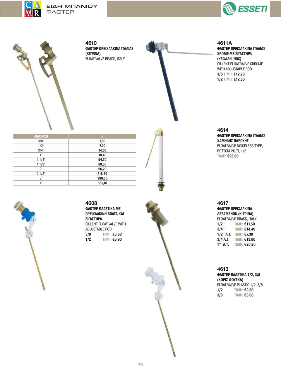 FLOAT VALVE NOISELESS TYPE, BOTTOM INLET, 1/2 ΤΙΜΗ: 25,60 4608 ΦΛΟΤΕΡ ΠΛΑΣΤΙΚΑ ΜΕ ΟΡΕΙΧΑΛΚΙΝΗ ΒΟΛΤΑ ΚΑΙ ΣΙΓΑΣΤΗΡΑ SILLENT FLOAT VALVE WITH ADJUSTABLE ROD 3/8 ΤΙΜΗ: 6,60 1/2 ΤΙΜΗ: 6,90 4617 ΦΛΟΤΕΡ