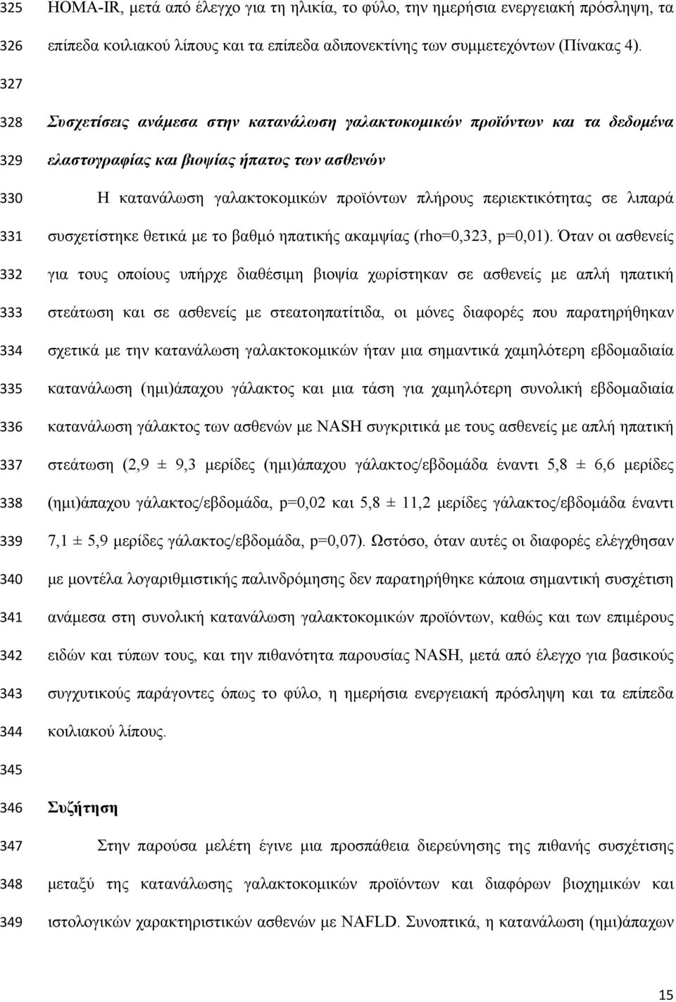 κατανάλωση γαλακτοκομικών προϊόντων πλήρους περιεκτικότητας σε λιπαρά συσχετίστηκε θετικά με το βαθμό ηπατικής ακαμψίας (rho=0,323, p=0,01).