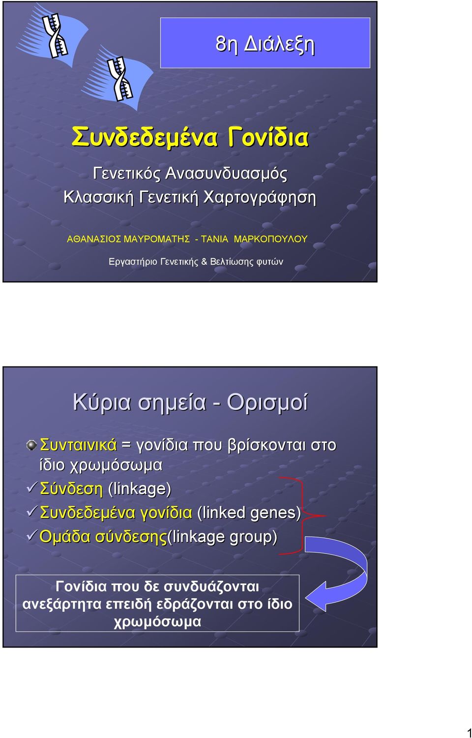 Συνταινικά = γονίδια που βρίσκονται στο ίδιο χρωµόσωµα Σύνδεση (linkage) Συνδεδεµένα γονίδια (linked