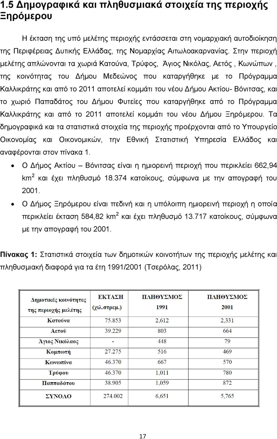 Στην περιοχή μελέτης απλώνονται τα χωριά Κατούνα, Τρύφος, Άγιος Νικόλας, Αετός, Κωνώπων, της κοινότητας του Δήμου Μεδεώνος που καταργήθηκε με το Πρόγραμμα Καλλικράτης και από το 2011 αποτελεί κομμάτι