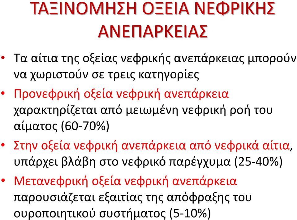 (60-70%) Στην οξεία νεφρική ανεπάρκεια από νεφρικά αίτια, υπάρχει βλάβη στο νεφρικό παρέγχυμα (25-40%)