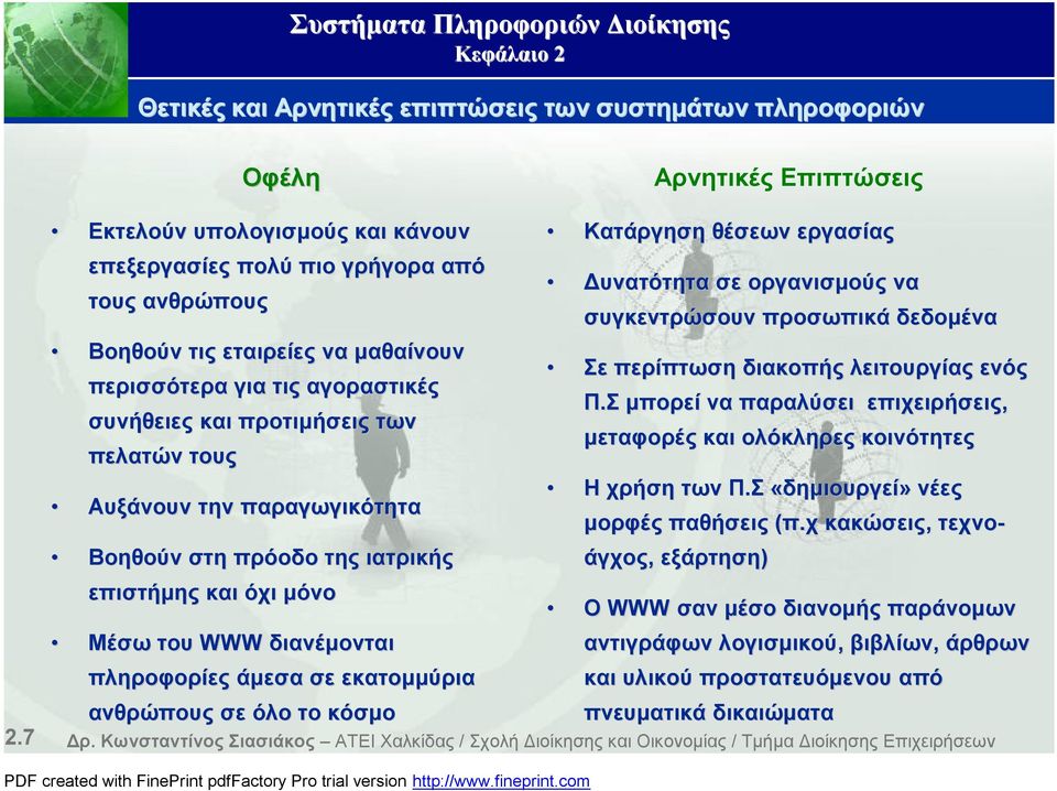 πληροφορίες άμεσα σε εκατομμύρια ανθρώπους σε όλο το κόσμο Κατάργηση θέσεων εργασίας Δυνατότητα σε οργανισμούς να συγκεντρώσουν προσωπικά δεδομένα Σε περίπτωση διακοπής λειτουργίας ενός Π.