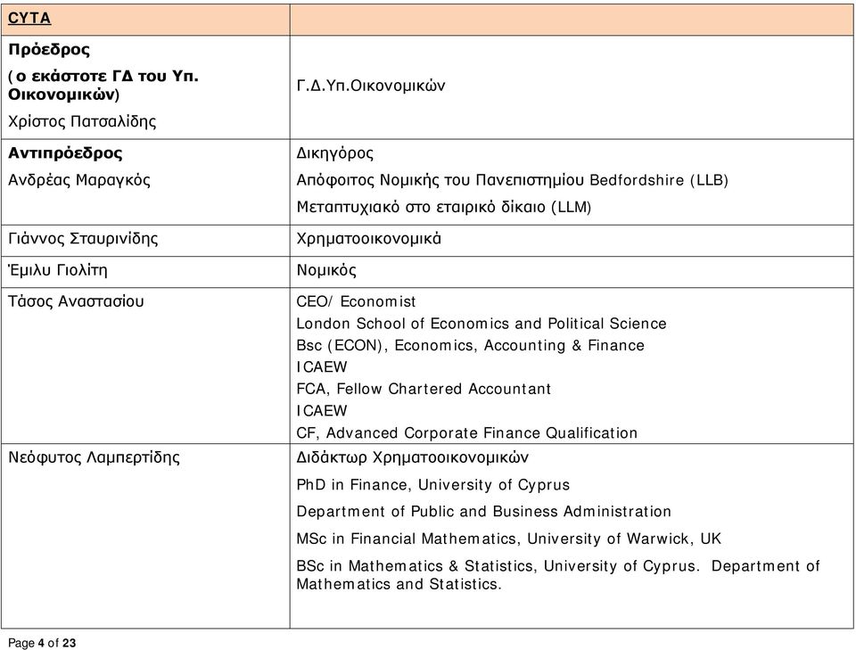 Οικονομικών Χρίστος Πατσαλίδης Ανδρέας Μαραγκός Δικηγόρος Απόφοιτος Νομικής του Πανεπιστημίου Bedfordshire (LLB) Μεταπτυχιακό στο εταιρικό δίκαιο (LLM) Γιάννος Σταυρινίδης Έμιλυ Γιολίτη Τάσος