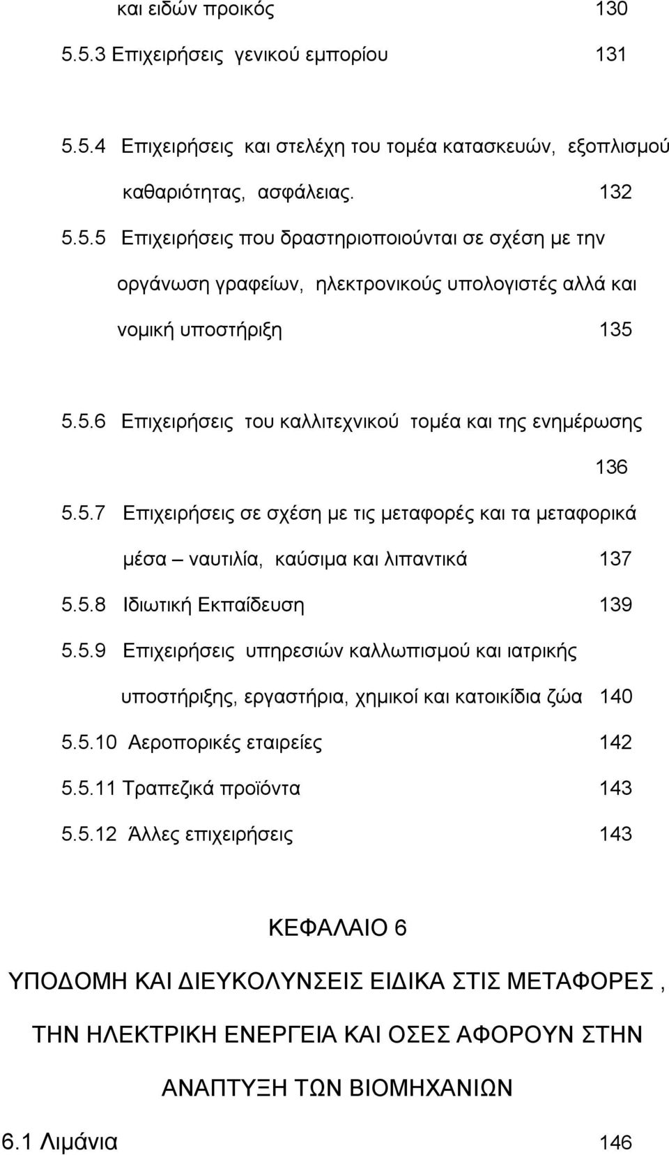 5.9 Επιχειρήσεις υπηρεσιών καλλωπισμού και ιατρικής υποστήριξης, εργαστήρια, χημικοί και κατοικίδια ζώα 140 5.5.10 Αεροπορικές εταιρείες 142 5.5.11 Τραπεζικά προϊόντα 143 5.5.12 Άλλες επιχειρήσεις 143 ΚΕΦΑΛΑΙΟ 6 ΥΠΟΔΟΜΗ ΚΑΙ ΔΙΕΥΚΟΛΥΝΣΕΙΣ ΕΙΔΙΚΑ ΣΤΙΣ ΜΕΤΑΦΟΡΕΣ, ΤΗΝ ΗΛΕΚΤΡΙΚΗ ΕΝΕΡΓΕΙΑ ΚΑΙ ΟΣΕΣ ΑΦΟΡΟΥΝ ΣΤΗΝ ΑΝΑΠΤΥΞΗ ΤΩΝ ΒΙΟΜΗΧΑΝΙΩΝ 6.