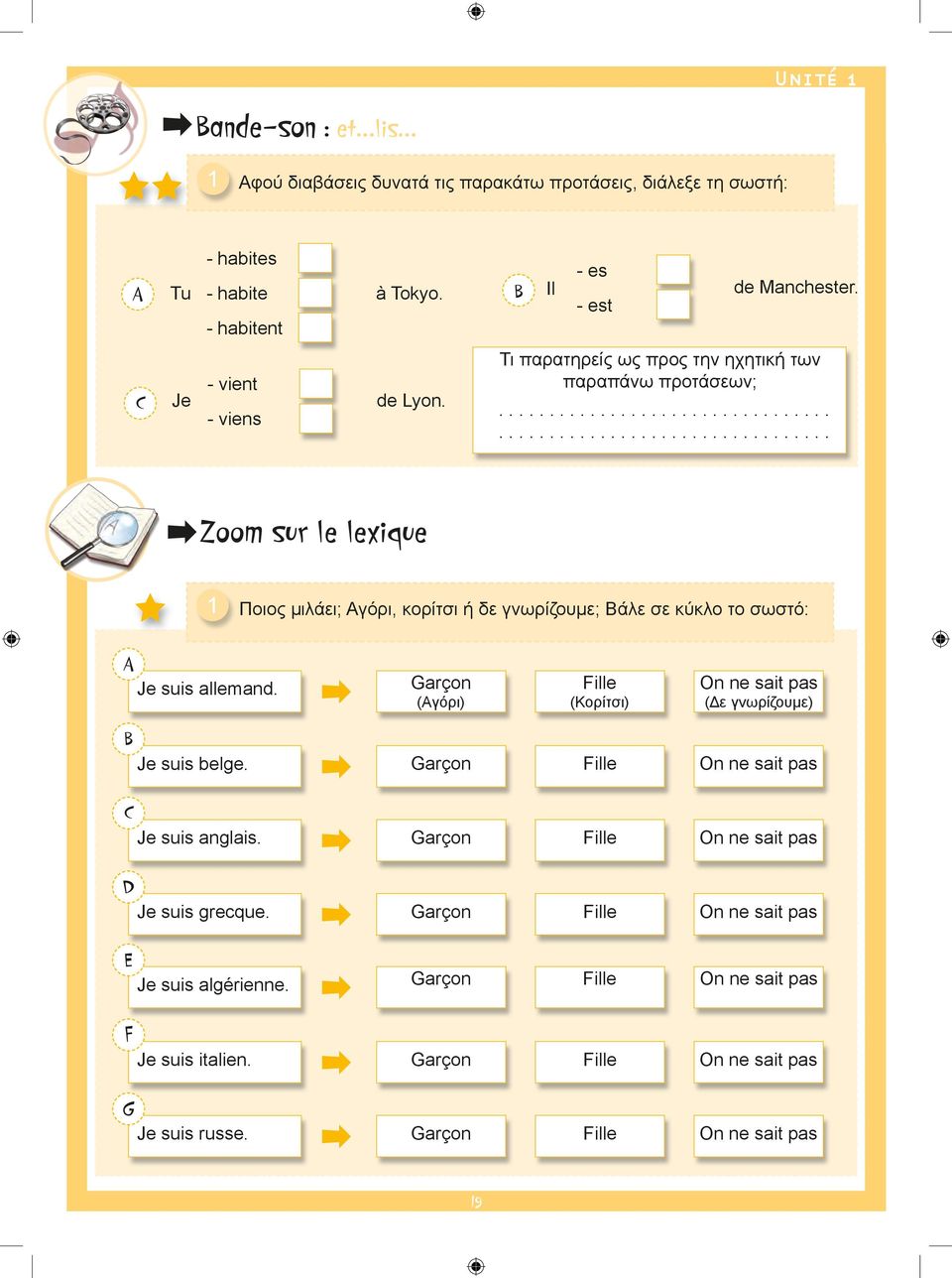 ......................... Ζοοm sur le lexique 1 Ποιος μιλάει; Αγόρι, κορίτσι ή δε γνωρίζουμε; Bάλε σε κύκλο το σωστό: Α Je suis allemand.