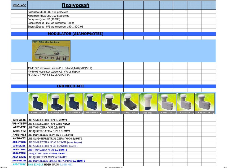 SINGLE ΣΕΙΡΑ ΓΚΡΙ 0,3dB NECO AP82-T2E LNB TWIN ΣΕΙΡΑ ΓΚΡΙ 0,3dBMTI AP84-XT2 LNB QUATTRO ΣΕΙΡΑ ΓΚΡΙ 0,3dBMTI AK51-M12 LNB MONOBLOCK ΣΕΙΡΑ ΓΚΡΙ 0,3dΒΜΤΙ ΑΚ56-ΧΤ2 LNB QUAD-TERRESTRIAL ΣΕΙΡΑ ΓΚΡΙ