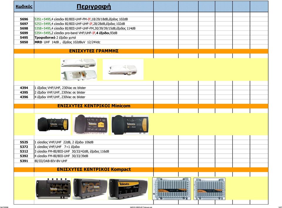 ΓΡΑΜΜΗΣ 4394 1 έξοδος VHF/UHF, 230Vac σε blister 4395 2 έξοδοι VHF/UHF, 230Vac σε blister 4396 4 έξοδοι VHF/UHF, 230Vac σε blister ΕΝΙΣΧΥΤΕΣ ΚΕΝΤΡΙΚΟΙ Minicom 5525 1 είσοδος VHF/UHF 22dB, 2