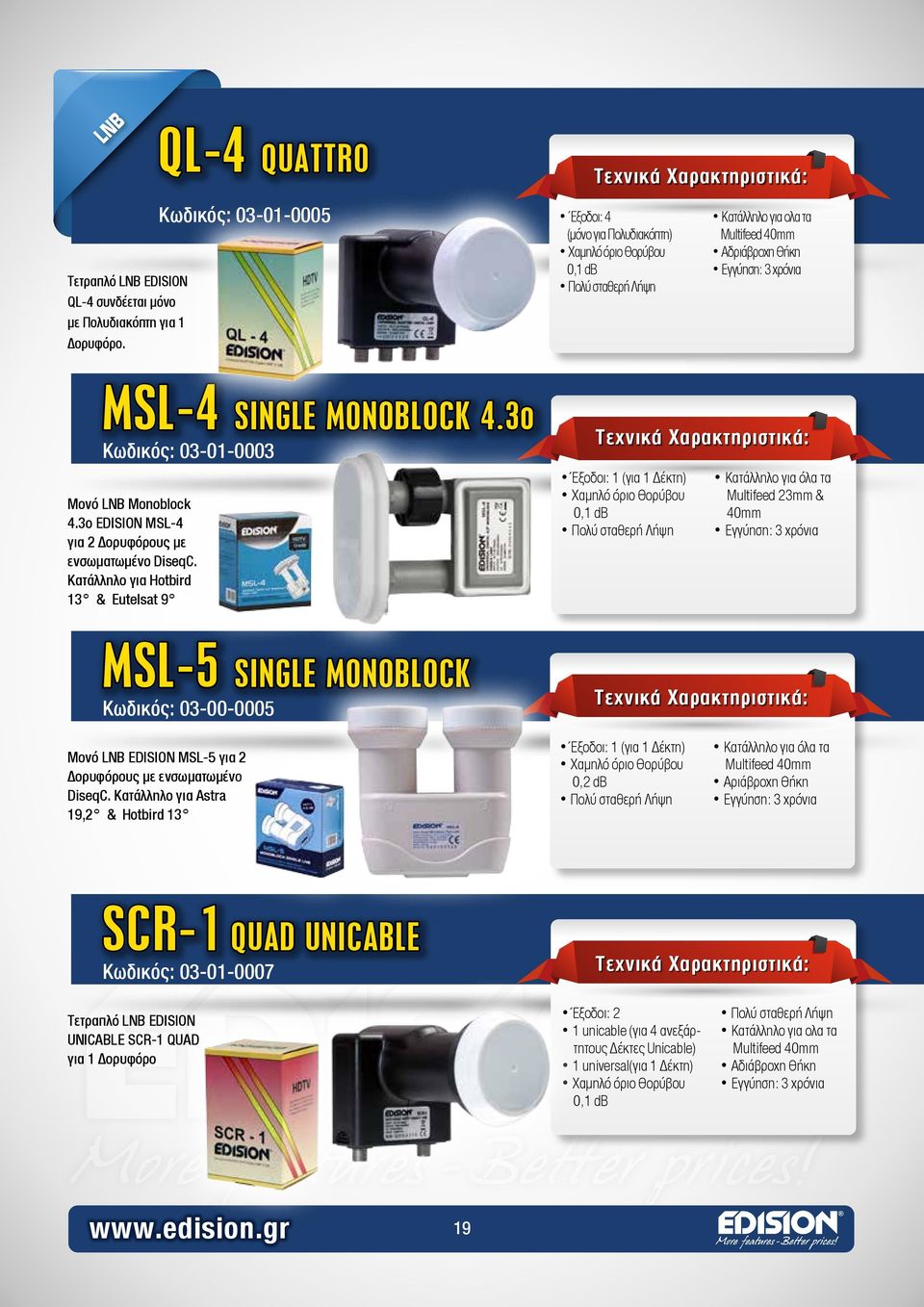 MONOBLOCK 4.3o Κωδικός: 03-01-0003 Μονό LNB Monoblock 4.3o EDISION MSL-4 για 2 Δορυφόρους με ενσωματωμένο DiseqC.