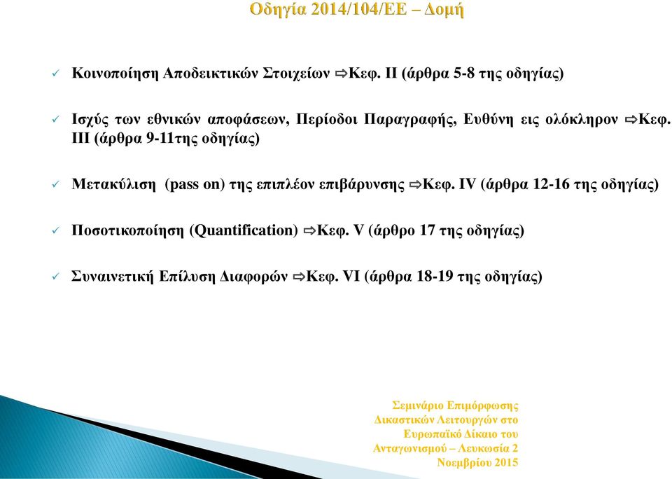 ολόκληρον Κεφ. ΙΙΙ (άρθρα 9-11της οδηγίας) Μετακύλιση (pass on) της επιπλέον επιβάρυνσης Κεφ.