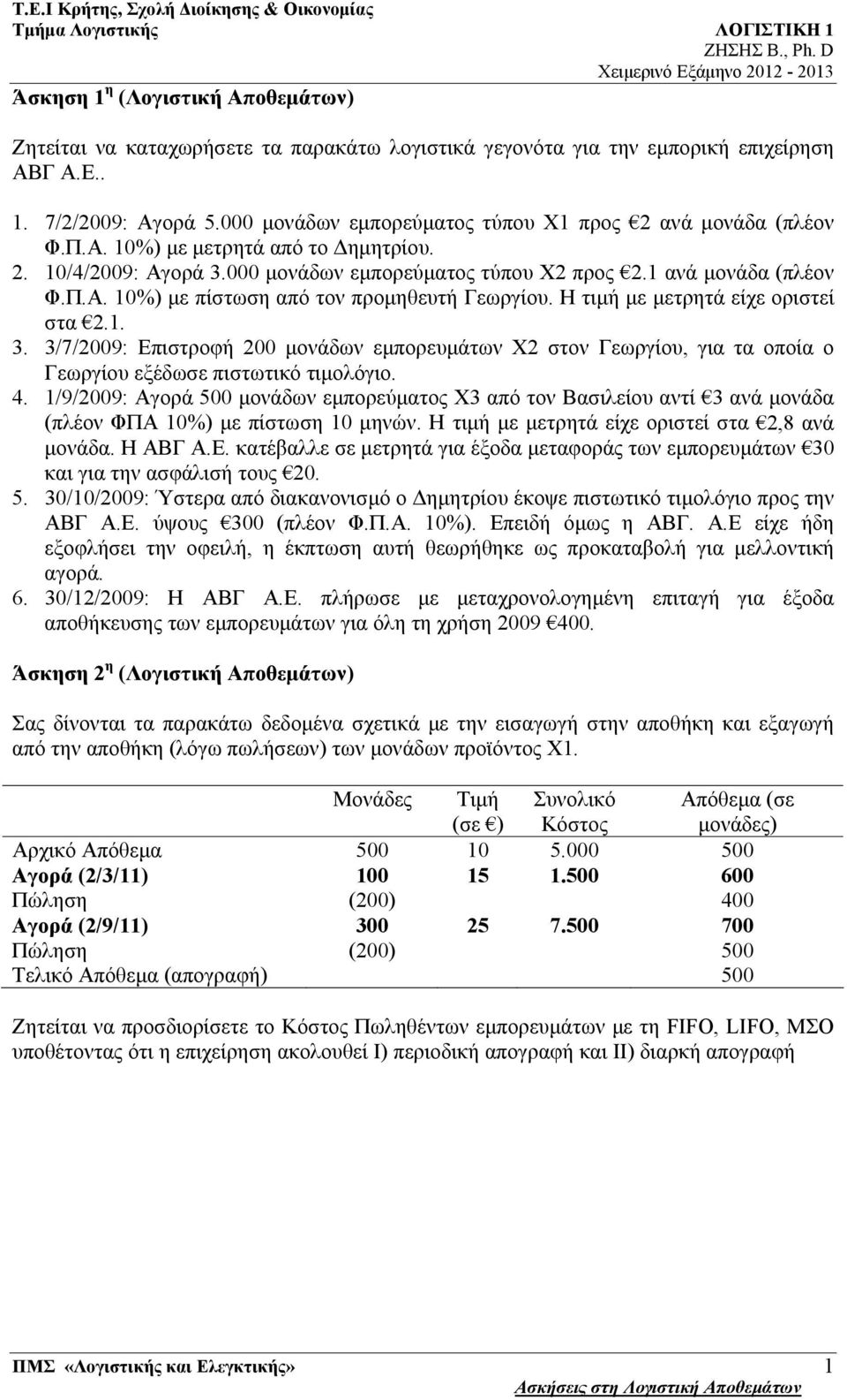 Η τιμή με μετρητά είχε οριστεί στα 2.1. 3. 3/7/2009: Επιστροφή 200 μονάδων εμπορευμάτων 2 στον Γεωργίου, για τα οποία ο Γεωργίου εξέδωσε πιστωτικό τιμολόγιο. 4.