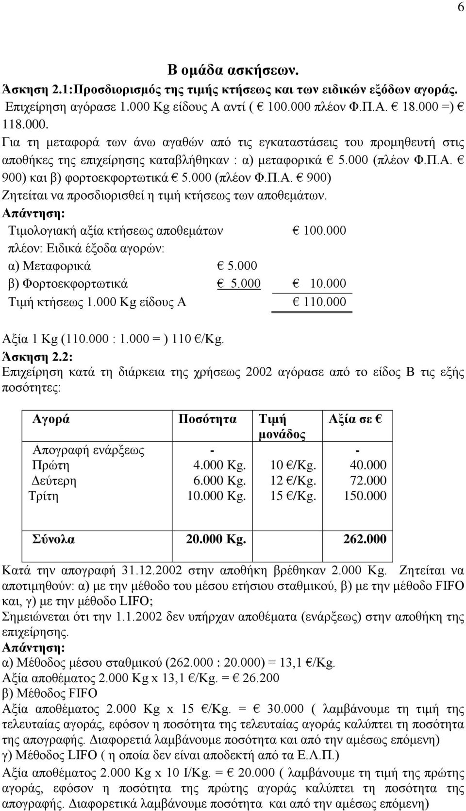 000 (πλέoν Φ.Π.Α. 900) και β) φορτοεκφορτωτικά 5.000 (πλέoν Φ.Π.Α. 900) Ζητείται να πρoσδιoρισθεί η τιμή κτήσεως των απoθεμάτων. Τιμoλoγιακή αξία κτήσεως απoθεμάτων 100.