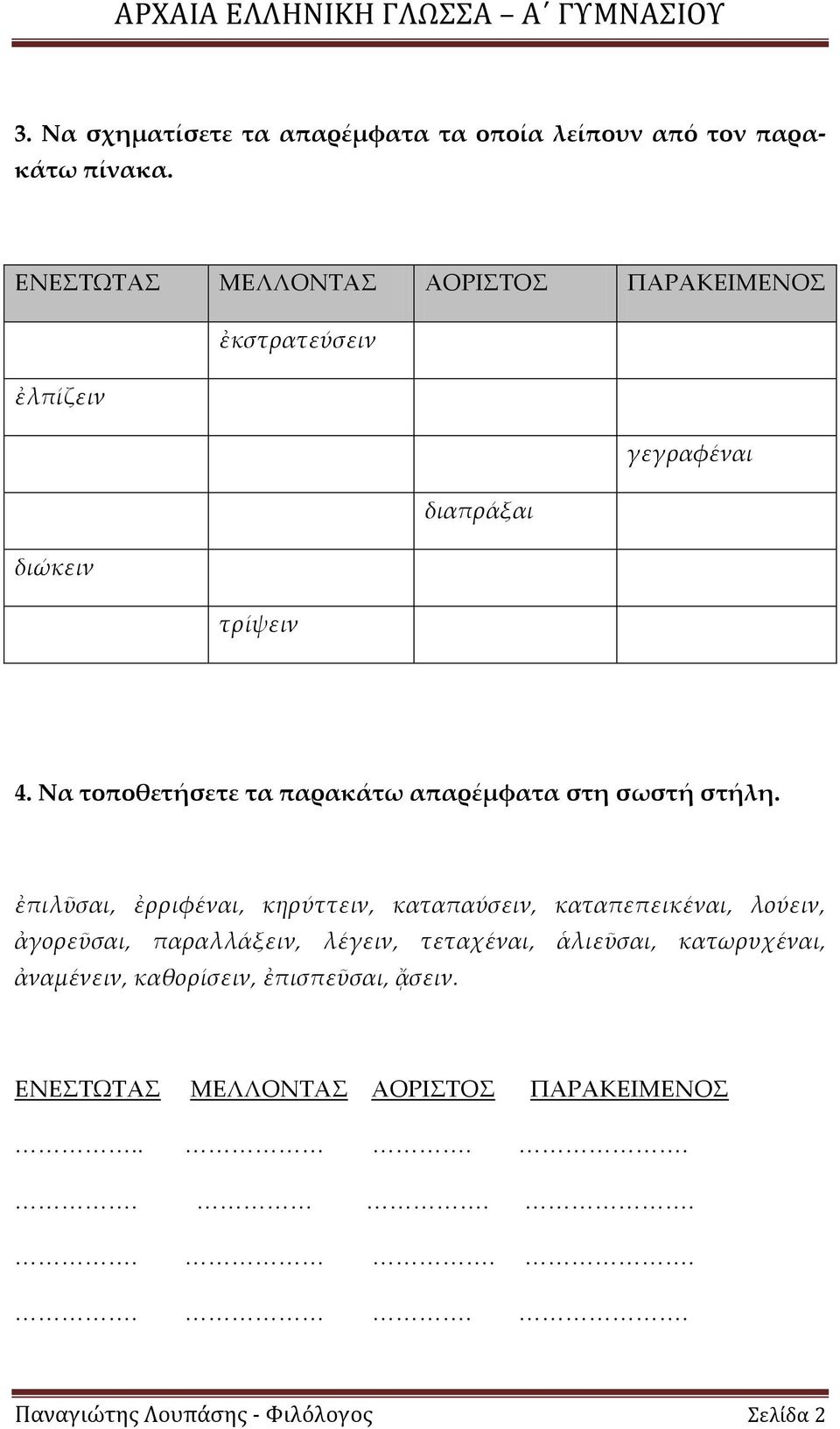 Να τοποθετήσετε τα παρακάτω απαρέμφατα στη σωστή στήλη.