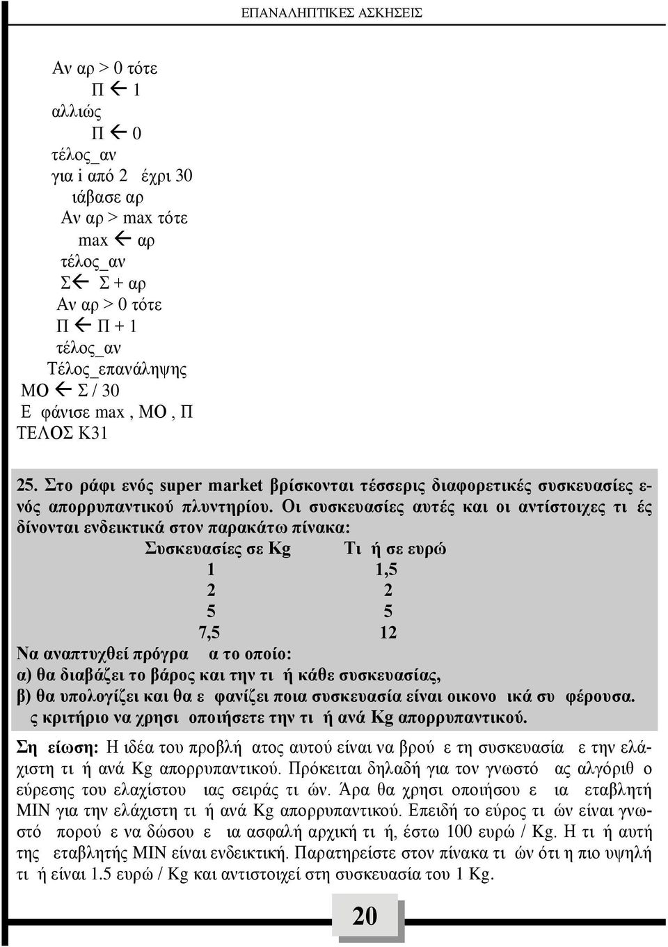 Οι συσκευασίες αυτές και οι αντίστοιχες τιμές δίνονται ενδεικτικά στον παρακάτω πίνακα: Συσκευασίες σε Kg Τιμή σε ευρώ 1 1,5 2 2 5 5 7,5 12 Να αναπτυχθεί πρόγραμμα το οποίο: α) θα διαβάζει το βάρος