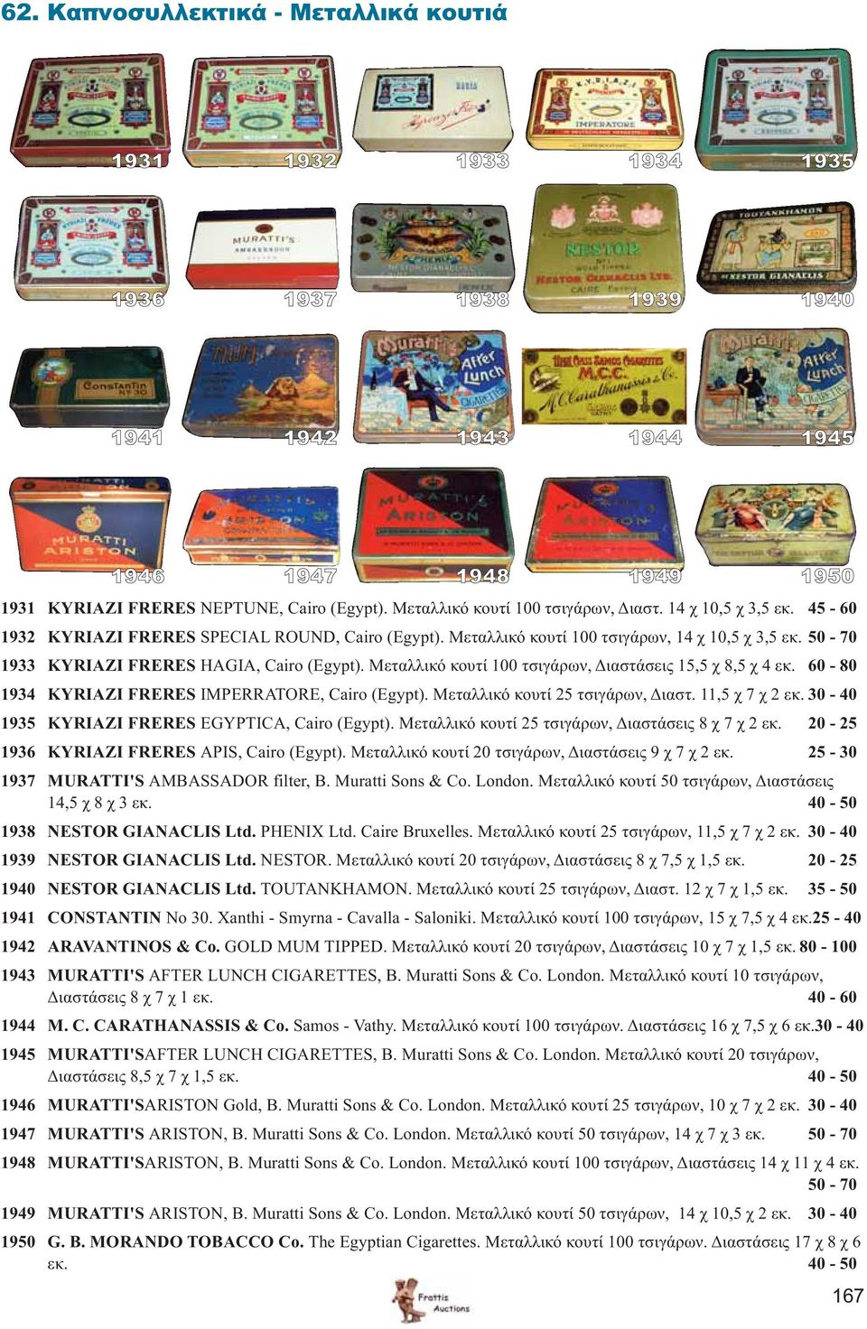 50-70 1933 KYRIAZI FRERES HAGIA, Cairo (Egypt). Μεταλλικό κουτί 100 τσιγάρων, Διαστάσεις 15,5 χ 8,5 χ 4 εκ. 60-80 1934 KYRIAZI FRERES IMPERRATORE, Cairo (Egypt). Μεταλλικό κουτί 25 τσιγάρων, Διαστ.