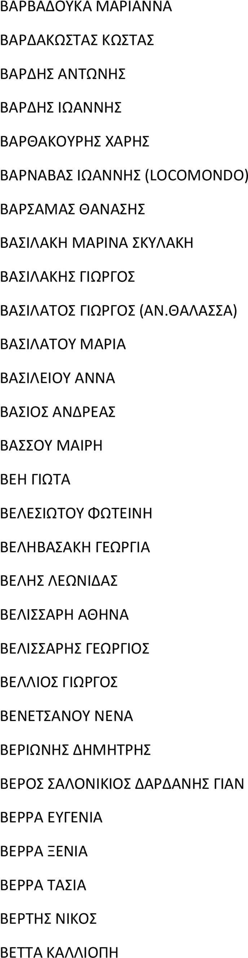 ΘΑΛΑΣΣΑ) ΒΑΣΙΛΑΤΟΥ ΜΑΡΙΑ ΒΑΣΙΛΕΙΟΥ ΑΝΝΑ ΒΑΣΙΟΣ ΑΝΔΡΕΑΣ ΒΑΣΣΟΥ ΜΑΙΡΗ ΒΕΗ ΓΙΩΤΑ ΒΕΛΕΣΙΩΤΟΥ ΦΩΤΕΙΝΗ ΒΕΛΗΒΑΣΑΚΗ ΓΕΩΡΓΙΑ ΒΕΛΗΣ