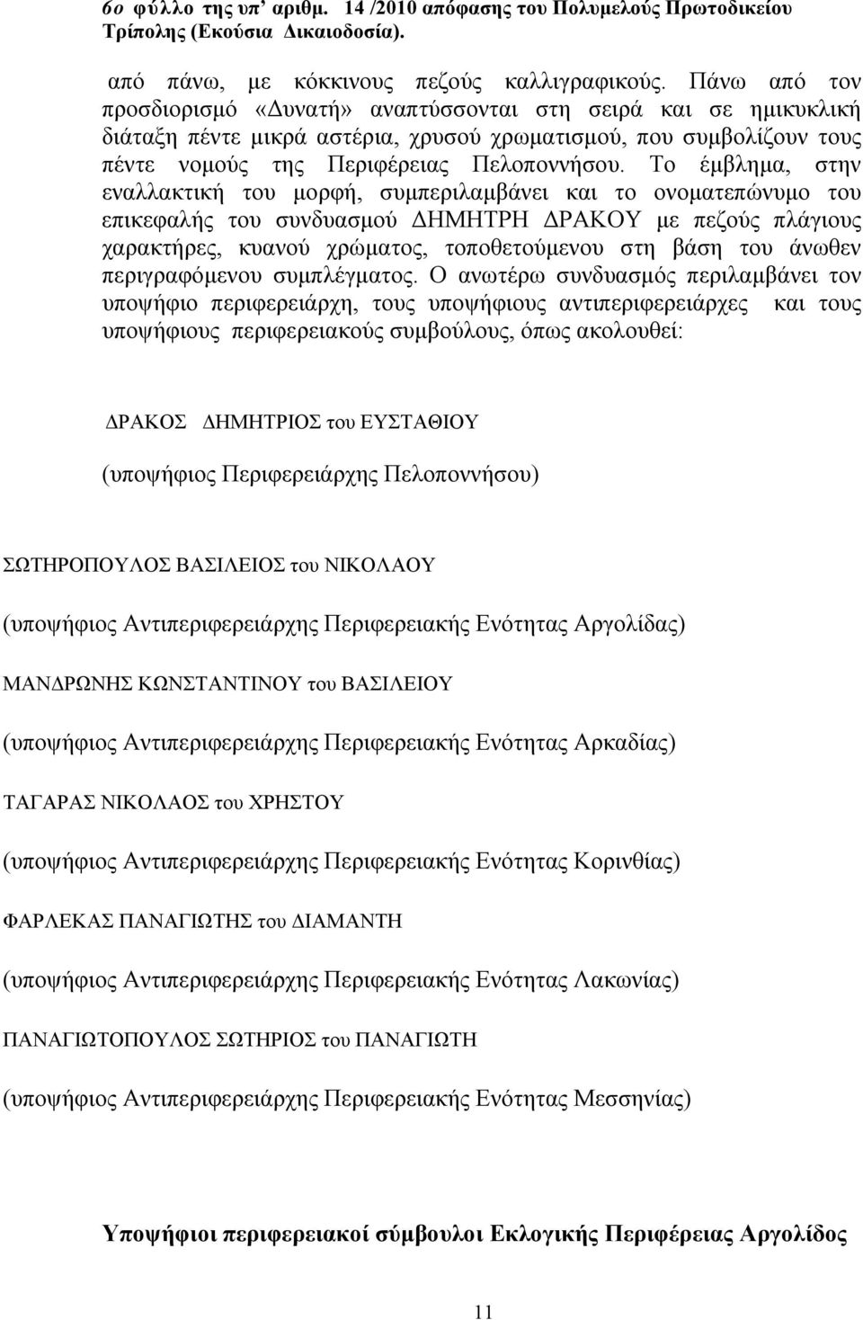 Το έμβλημα, στην εναλλακτική του μορφή, συμπεριλαμβάνει και το ονοματεπώνυμο του επικεφαλής του συνδυασμού ΔΗΜΗΤΡΗ ΔΡΑΚΟΥ με πεζούς πλάγιους χαρακτήρες, κυανού χρώματος, τοποθετούμενου στη βάση του