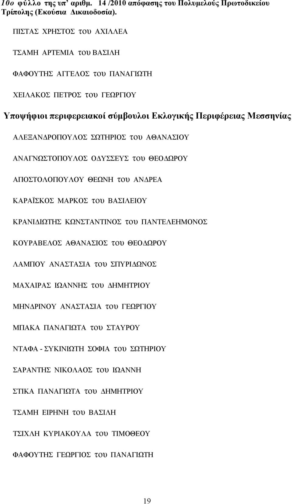 ΣΩΤΗΡΙΟΣ του ΑΘΑΝΑΣΙΟΥ ΑΝΑΓΝΩΣΤΟΠΟΥΛΟΣ ΟΔΥΣΣΕΥΣ του ΘΕΟΔΩΡΟΥ ΑΠΟΣΤΟΛΟΠΟΥΛΟΥ ΘΕΩΝΗ του ΑΝΔΡΕΑ ΚΑΡΑΪΣΚΟΣ ΜΑΡΚΟΣ του ΒΑΣΙΛΕΙΟΥ ΚΡΑΝΙΔΙΩΤΗΣ ΚΩΝΣΤΑΝΤΙΝΟΣ του ΠΑΝΤΕΛΕΗΜΟΝΟΣ ΚΟΥΡΑΒΕΛΟΣ ΑΘΑΝΑΣΙΟΣ του