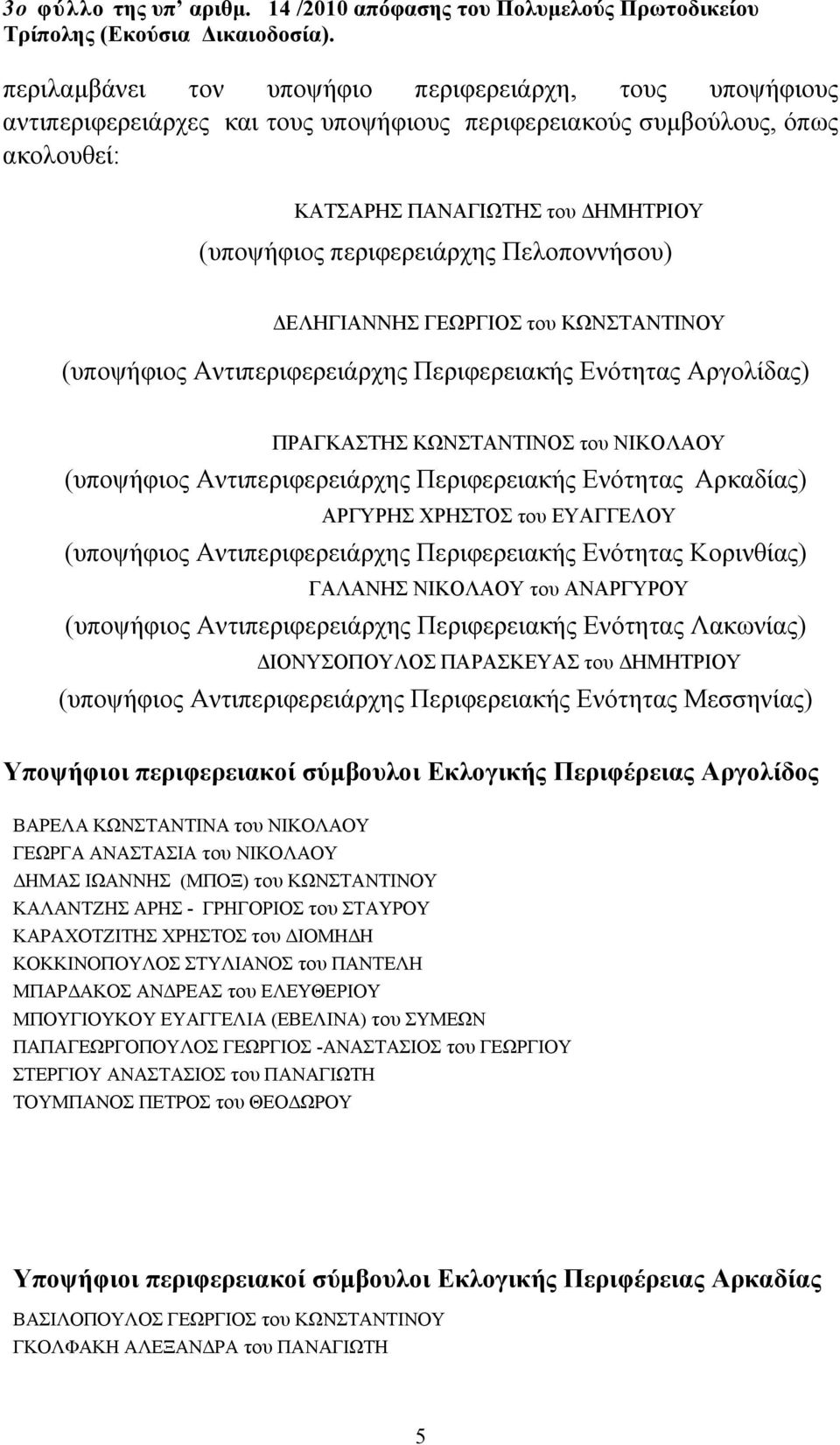 Πελοποννήσου) ΔΕΛΗΓΙΑΝΝΗΣ ΓΕΩΡΓΙΟΣ του ΚΩΝΣΤΑΝΤΙΝΟΥ (υποψήφιος Αντιπεριφερειάρχης Περιφερειακής Ενότητας Αργολίδας) ΠΡΑΓΚΑΣΤΗΣ ΚΩΝΣΤΑΝΤΙΝΟΣ του ΝΙΚΟΛΑΟΥ (υποψήφιος Αντιπεριφερειάρχης Περιφερειακής