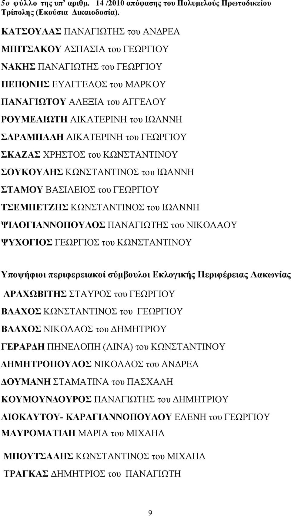 ΑΙΚΑΤΕΡΙΝΗ του ΓΕΩΡΓΙΟΥ ΣΚΑΖΑΣ ΧΡΗΣΤΟΣ του ΚΩΝΣΤΑΝΤΙΝΟΥ ΣΟΥΚΟΥΛΗΣ ΚΩΝΣΤΑΝΤΙΝΟΣ του ΙΩΑΝΝΗ ΣΤΑΜΟΥ ΒΑΣΙΛΕΙΟΣ του ΓΕΩΡΓΙΟΥ ΤΣΕΜΠΕΤΖΗΣ ΚΩΝΣΤΑΝΤΙΝΟΣ του ΙΩΑΝΝΗ ΨΙΛΟΓΙΑΝΝΟΠΟΥΛΟΣ ΠΑΝΑΓΙΩΤΗΣ του ΝΙΚΟΛΑΟΥ