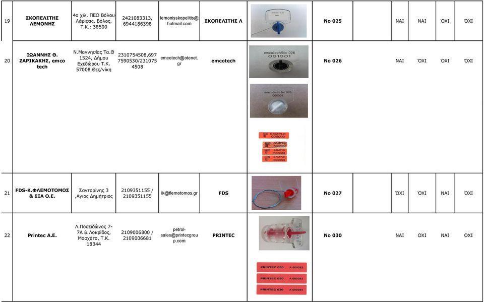 emcotech Νο 026 ΝΑΙ ΌΧΙ ΌΧΙ ΌΧΙ 21 FDS-Κ.ΦΛΕΜΟΤΟΜΟΣ & ΣΙΑ Ο.Ε. Σαντορίνης 3,Αγιος Δημήτριος 2109351155 / 2109351155 ik@flemotomos.