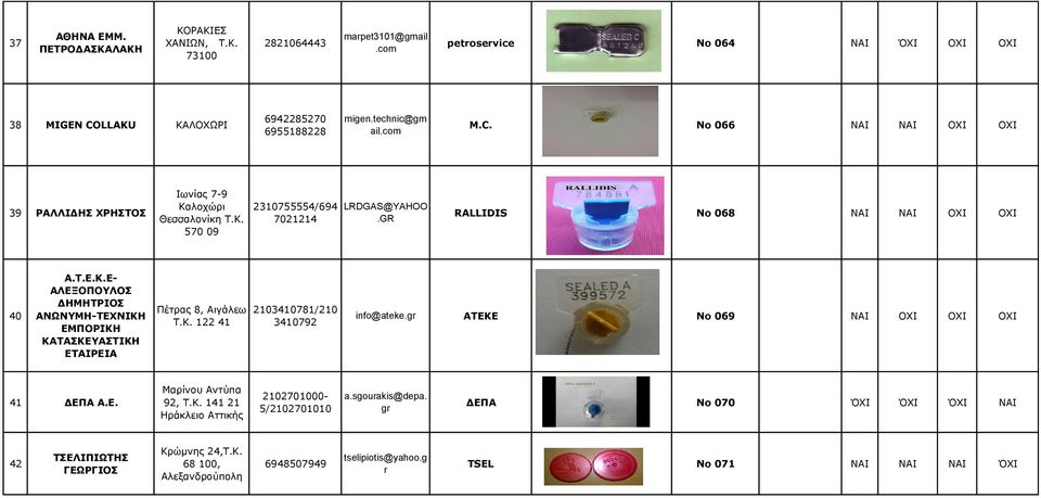 E- ΑΛΕΞΟΠΟΥΛΟΣ ΔΗΜΗΤΡΙΟΣ ΑΝΩΝΥΜΗ-ΤΕΧΝΙΚΗ ΕΜΠΟΡΙΚΗ ΚΑΤΑΣΚΕΥΑΣΤΙΚΗ ΕΤΑΙΡΕΙΑ Πέτρας 8, Αιγάλεω Τ.Κ. 122 41 2103410781/210 3410792 info@ateke. ΑΤΕΚΕ Νο 069 ΝΑΙ ΟΧΙ ΟΧΙ ΟΧΙ Μαρίνου Αντύπα 41 ΔΕΠΑ Α.Ε. 92, Τ.