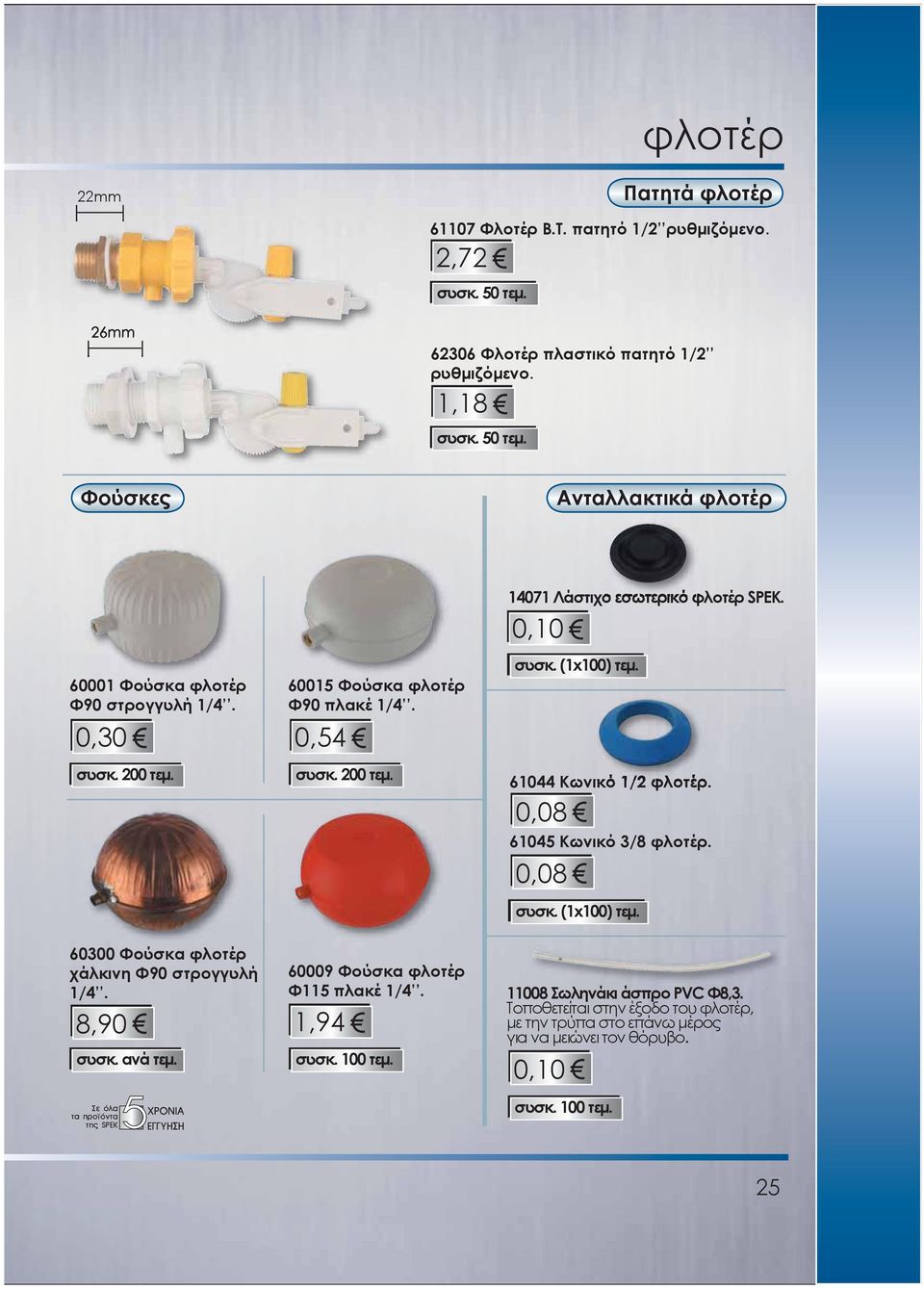1,94 συσκ. 100 τεμ. 14071 Λάστιχο εσωτερικό φλοτέρ SPEK. 0,10 συσκ. (1x100) τεμ. 61044 Κωνικό 1/2 φλοτέρ. 0,08 61045 Κωνικό 3/8 φλοτέρ. 0,08 συσκ. (1x100) τεμ. 11008 Σωληνάκι άσπρο PVC Φ8,3.