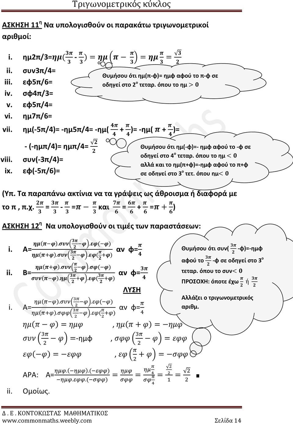 - (-ημπ/4)= ημπ/4= συν(-3π/4)= εφ(-5π/6)= Θυμήσου ότι ημ(-φ)=- ημφ αφού το -φ σε οδηγεί στο 4 ο τεταρ. όπου το ημ αλλά και το ημ(π+φ)=-ημφ αφού το π+φ σε οδηγεί στο 3 ο τετ. όπου ημ (Υπ.