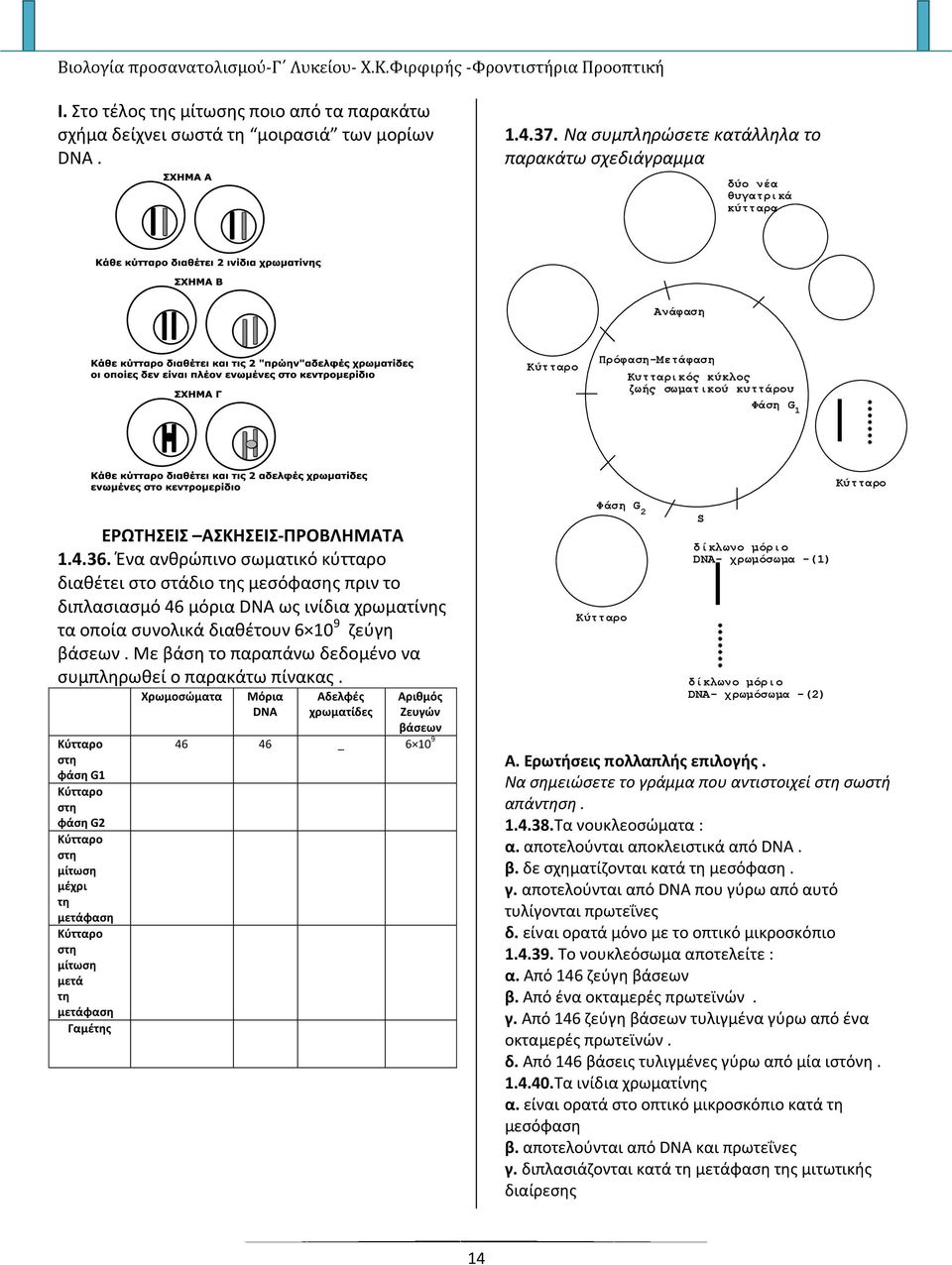 1.4.36. Ένα ανθρώπινο σωματικό κύτταρο διαθέτει στο στάδιο της μεσόφασης πριν το διπλασιασμό 46 μόρια DNA ως ινίδια χρωματίνης τα οποία συνολικά διαθέτουν 6 10 9 ζεύγη βάσεων.