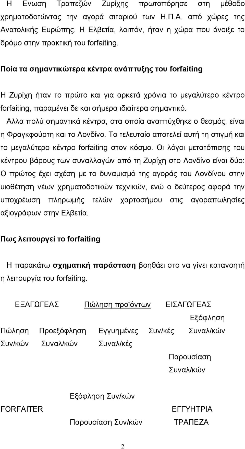 Ποία τα σημαντικώτερα κέντρα ανάπτυξης του forfaiting Η Ζυρίχη ήταν το πρώτο και για αρκετά χρόνια το μεγαλύτερο κέντρο forfaiting, παραμένει δε και σήμερα ιδιαίτερα σημαντικό.