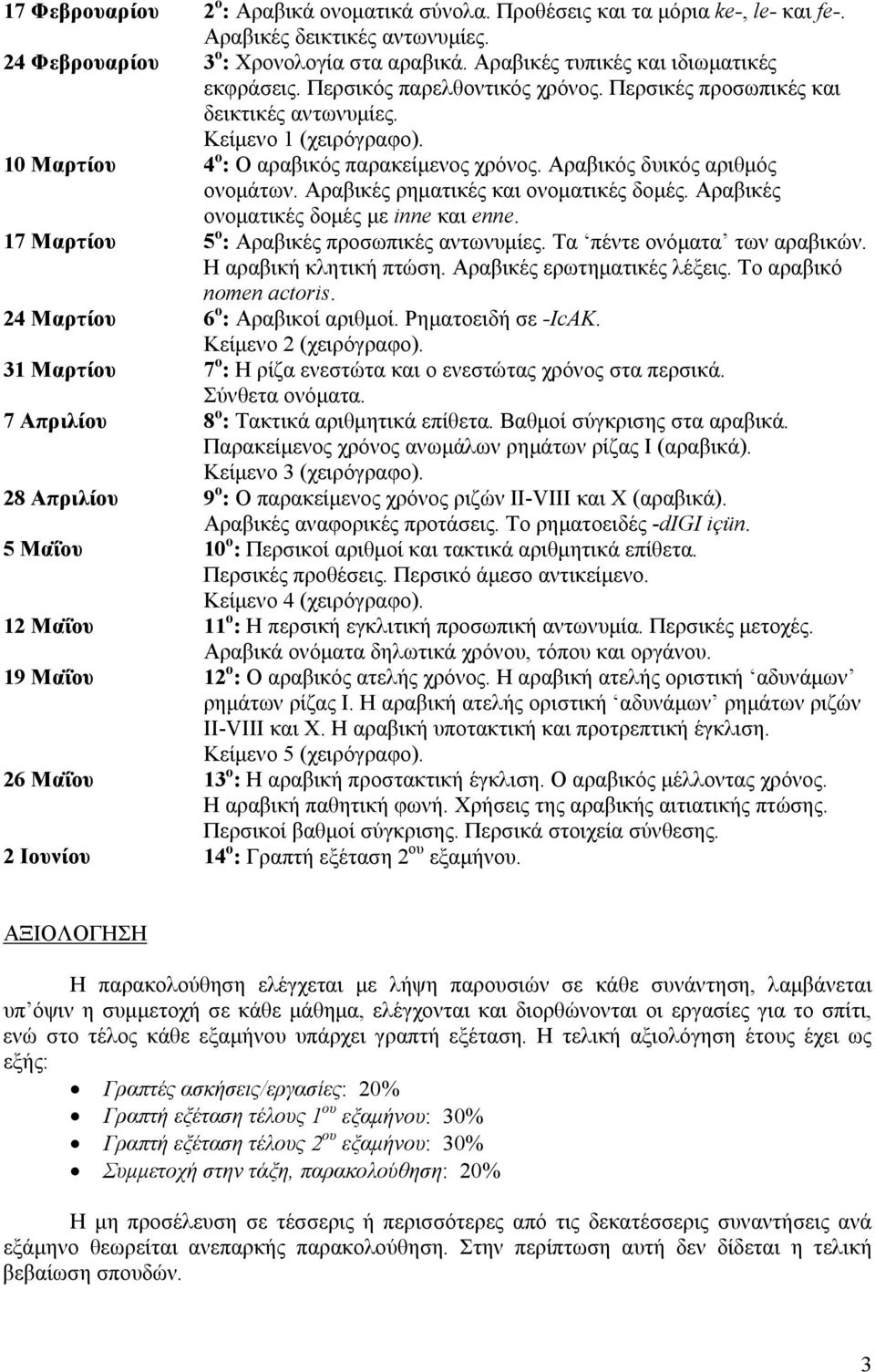 Αραβικός δυικός αριθμός ονομάτων. Αραβικές ρηματικές και ονοματικές δομές. Αραβικές ονοματικές δομές με inne και enne. 17 Μαρτίου 5 ο : Αραβικές προσωπικές αντωνυμίες. Τα πέντε ονόματα των αραβικών.