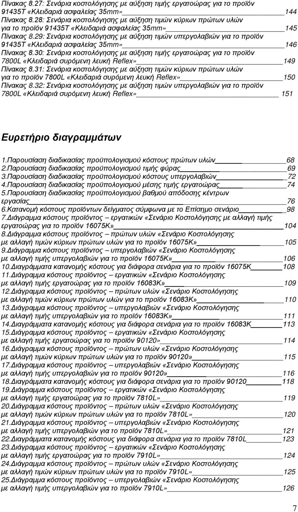 29: Σενάρια κοστολόγησης με αύξηση τιμών υπεργολαβιών για το προϊόν 91435Τ «Κλειδαριά ασφαλείας 35mm» 146 Πίνακας 8.