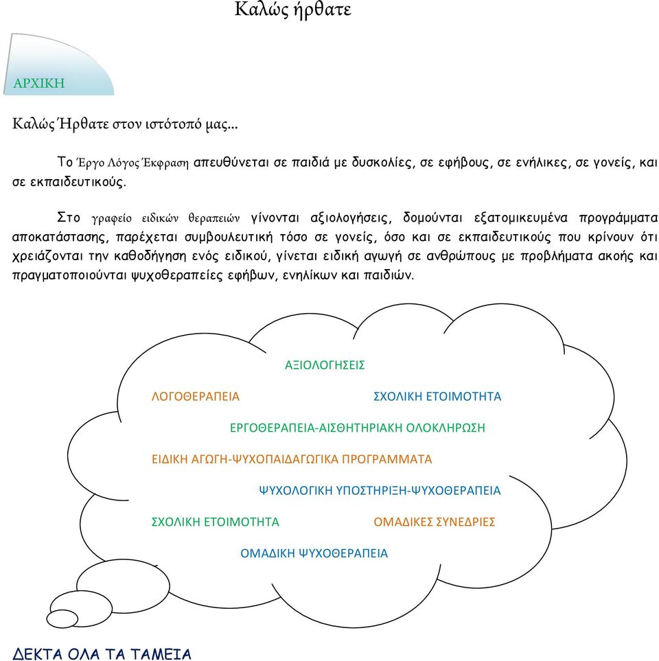 χρειάζονται την καθοδήγηση ενός ειδικού, γίνεται ειδική αγωγή σε ανθρώπους µε προβλήµατα ακοής και πραγµατοποιούνται ψυχοθεραπείες εφήβων, ενηλίκων και παιδιών.