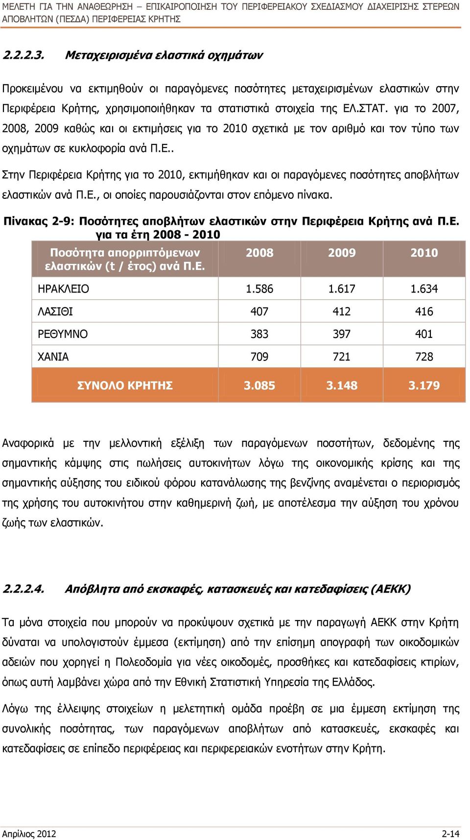 . Στην Περιφέρεια Κρήτης για το 2010, εκτιμήθηκαν και οι παραγόμενες ποσότητες αποβλήτων ελαστικών ανά Π.Ε., οι οποίες παρουσιάζονται στον επόμενο πίνακα.