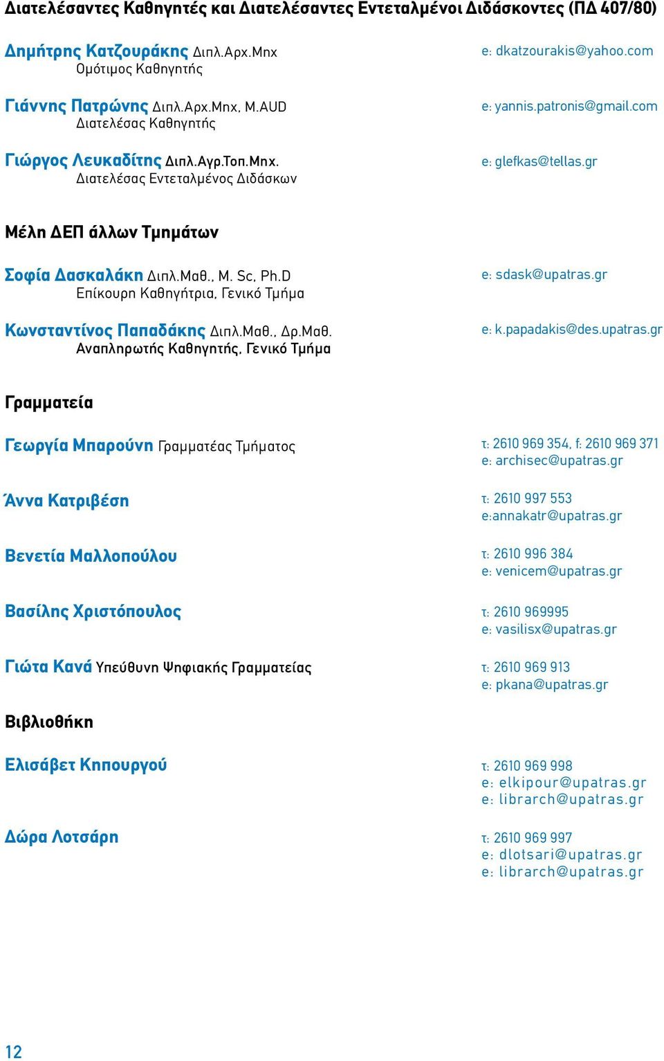 gr Μέλη ΔΕΠ άλλων Τμημάτων Σοφία Δασκαλάκη Διπλ.Μαθ., M. Sc, Ph.D Επίκουρη Καθηγήτρια, Γενικό Τμήμα Κωνσταντίνος Παπαδάκης Διπλ.Μαθ., Δρ.Μαθ. Αναπληρωτής Καθηγητής, Γενικό Τμήμα e: sdask@upatras.