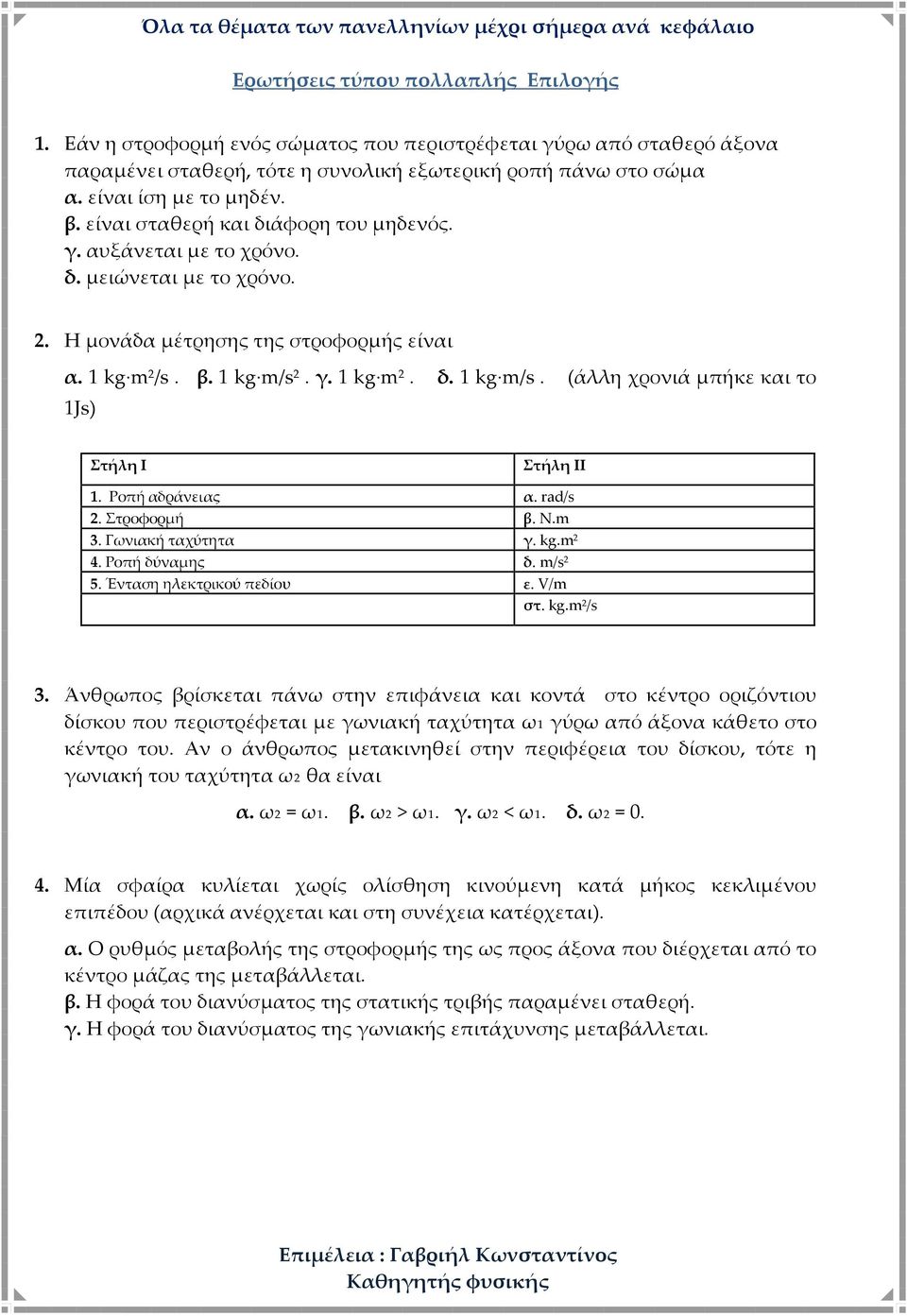 2. γ. 1 kg m 2. δ. 1 kg m/s. (άλλη χρονιά μπήκε και το 1Js) Στήλη Ι Στήλη ΙΙ 1. Ροπή αδράνειας α. rad/s 2. Στροφορμή β. N.m 3. Γωνιακή ταχύτητα γ. kg.m 2 4. Ροπή δύναμης δ. m/s 2 5.