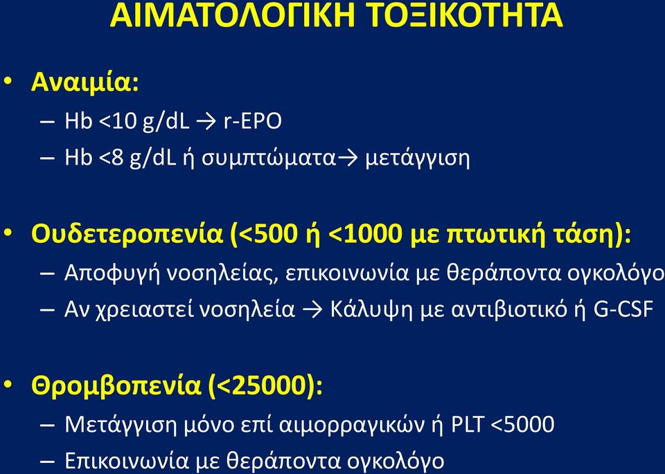 επικοινωνία με θεράποντα ογκολόγο Αν χρειαστεί νοσηλεία Κάλυψη με αντιβιοτικό ή