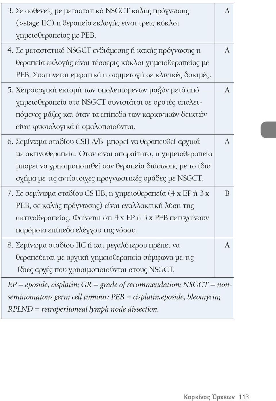 Χειρουργική εκτομή των υπολειπόμενων μαζών μετά από Α χημειοθεραπεία στο NSGCT συνιστάται σε ορατές υπολειπόμενες μάζες και όταν τα επίπεδα των καρκινικών δεικτών είναι φυσιολογικά ή ομαλοποιούνται.