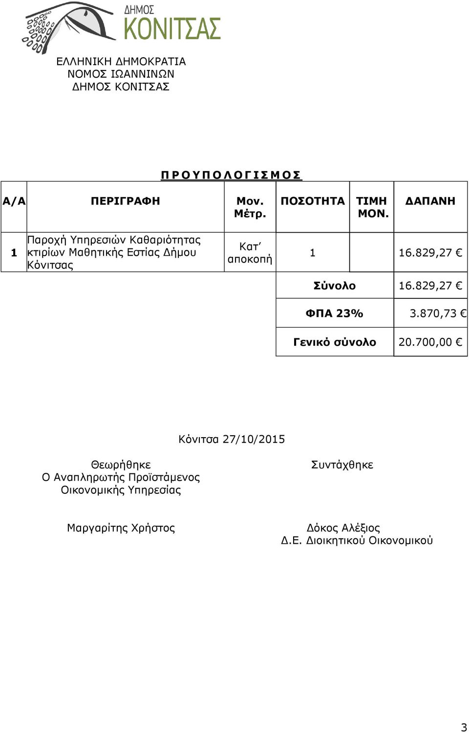 ΔΑΠΑΝΗ 1 Παροχή Υπηρεσιών Καθαριότητας κτιρίων Μαθητικής Εστίας Δήμου Κόνιτσας Κατ αποκοπή 1 16.