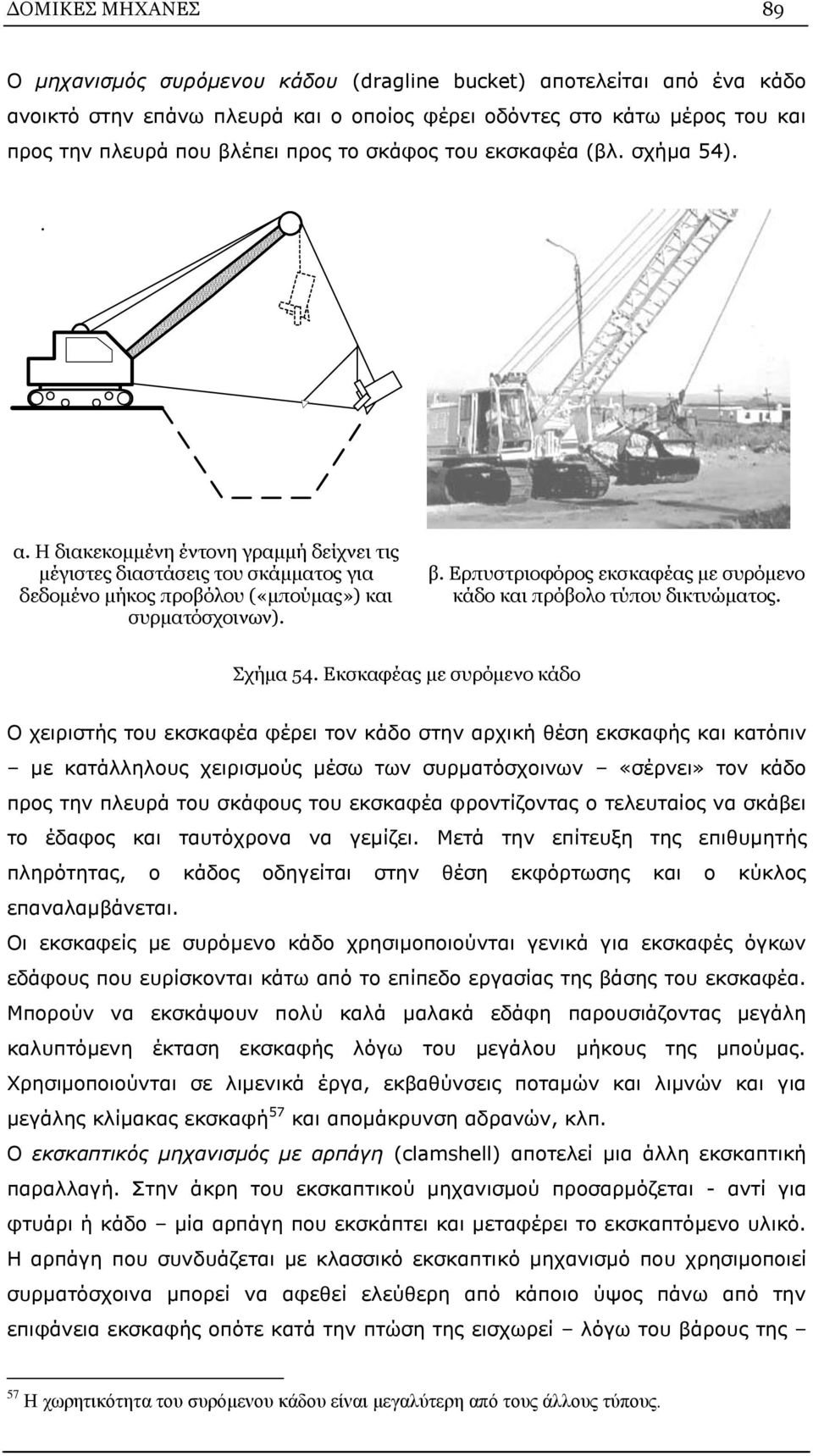 Ερπυστριοφόρος εκσκαφέας με συρόμενο κάδο και πρόβολο τύπου δικτυώματος. Σχήμα 54.