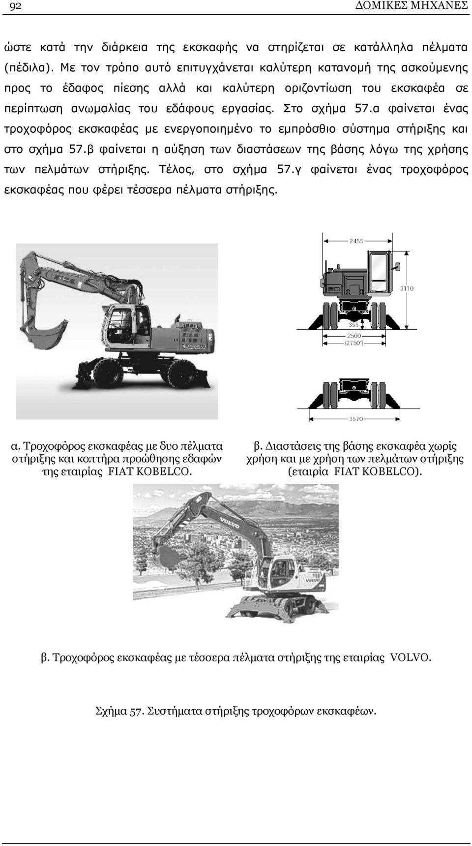 α φαίνεται ένας τροχοφόρος εκσκαφέας με ενεργοποιημένο το εμπρόσθιο σύστημα στήριξης και στο σχήμα 57.β φαίνεται η αύξηση των διαστάσεων της βάσης λόγω της χρήσης των πελμάτων στήριξης.